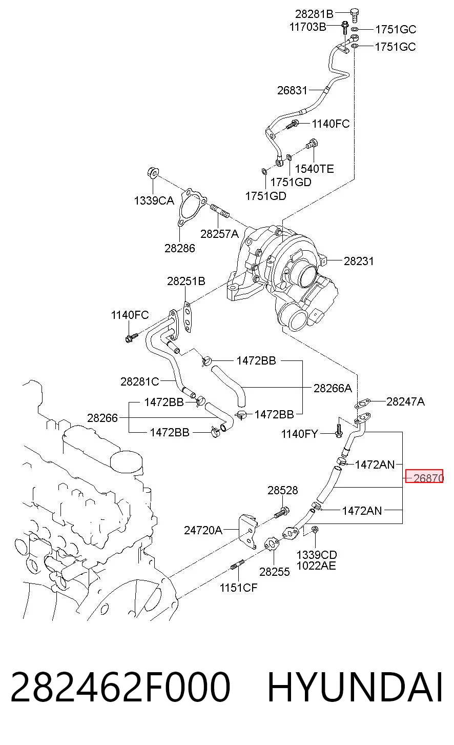 282462F000 Hyundai/Kia Трубка (шланг) отвода масла от турбины