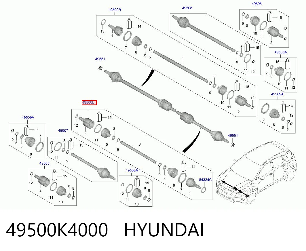 49500K4000 Hyundai/Kia Полуось передняя левая
