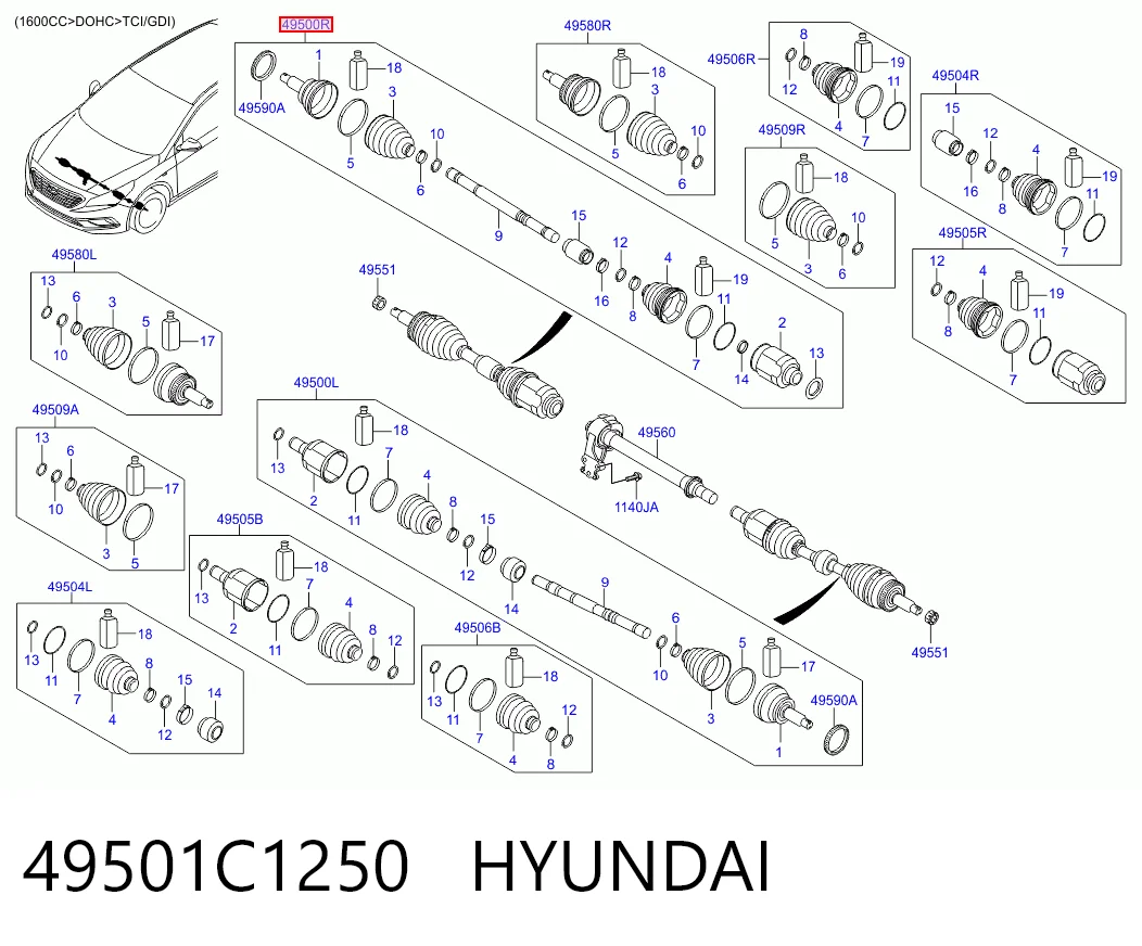 49501C1250 Hyundai/Kia Полуось передняя, правая