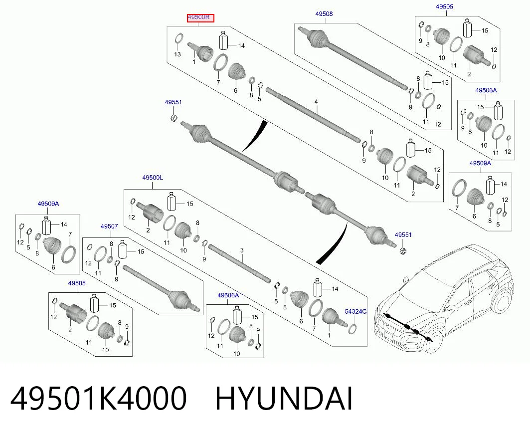 49501K4000 Hyundai/Kia Полуось передняя, правая