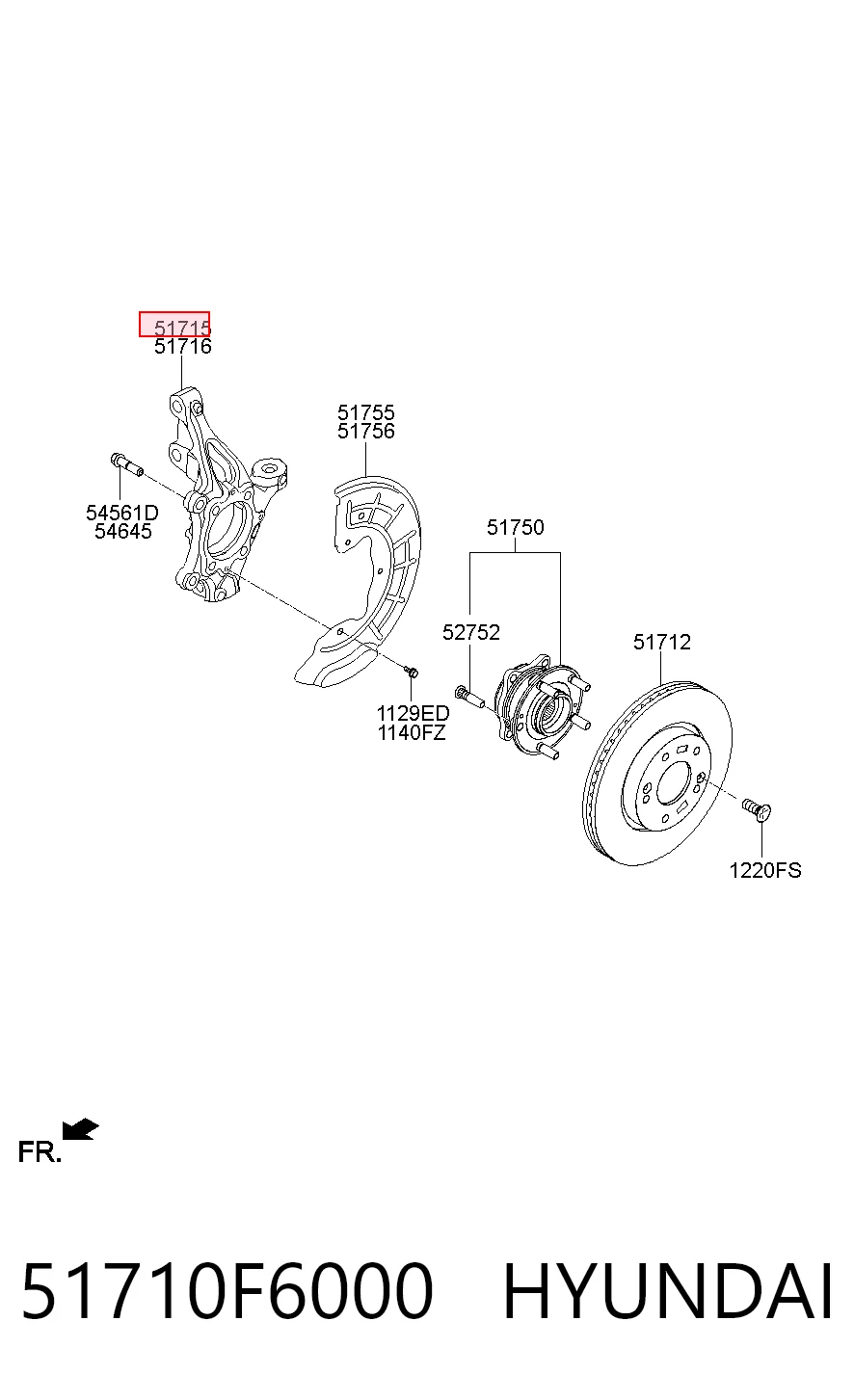 51710F6000 Hyundai/Kia Цапфа - поворотный кулак передний, левый