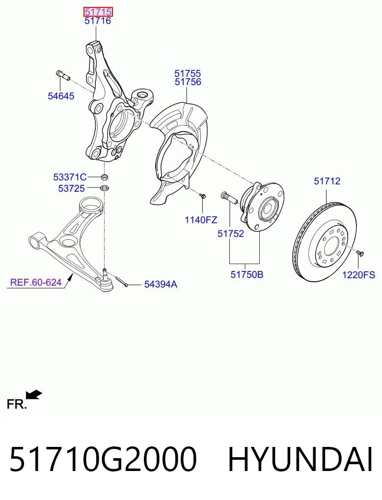 51710G2000 Hyundai/Kia Цапфа - поворотный кулак передний, левый
