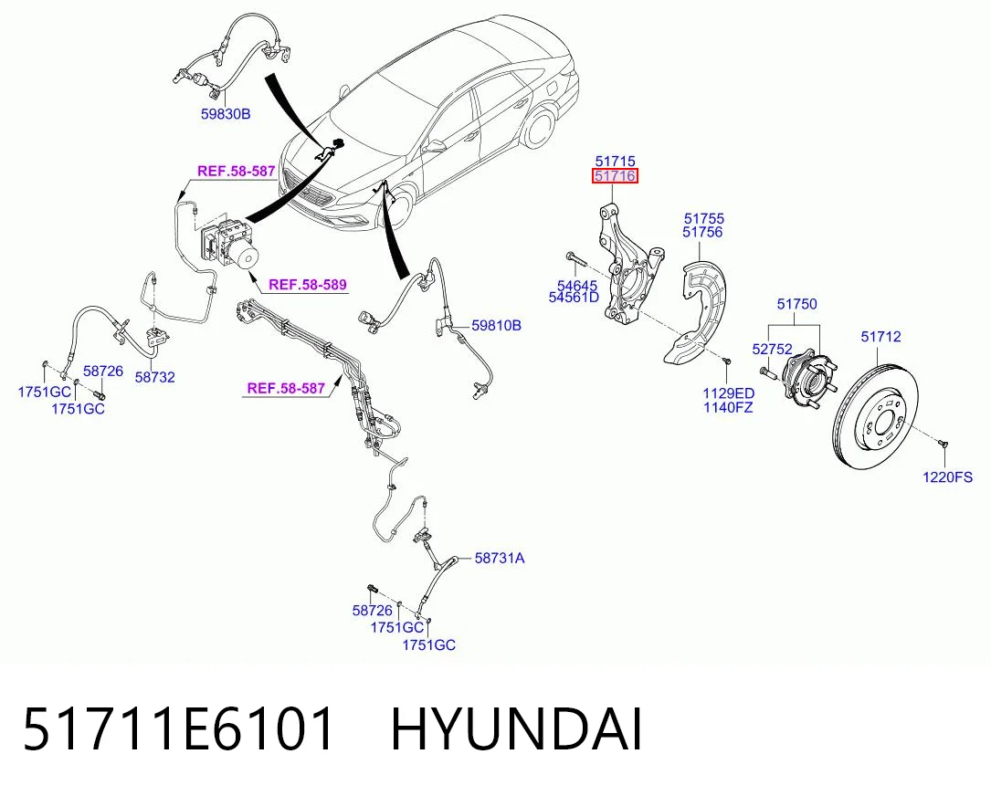 51711E6101 Hyundai/Kia Цапфа - поворотный кулак передний, правый