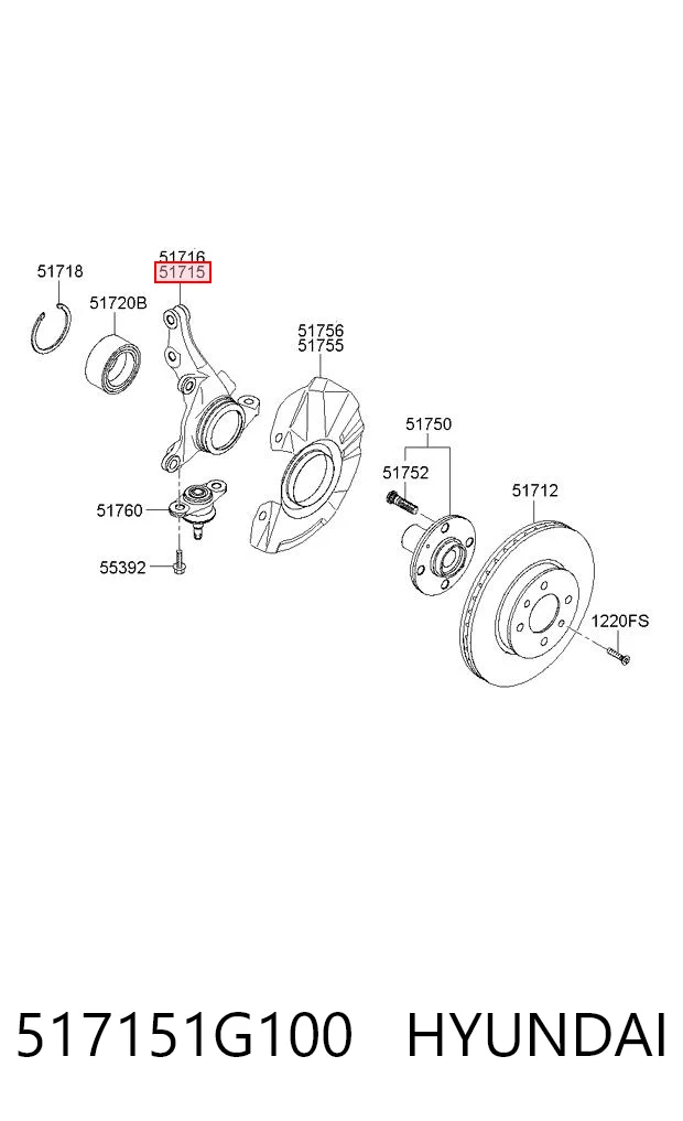 517151G100 Hyundai/Kia Цапфа - поворотный кулак передний, левый