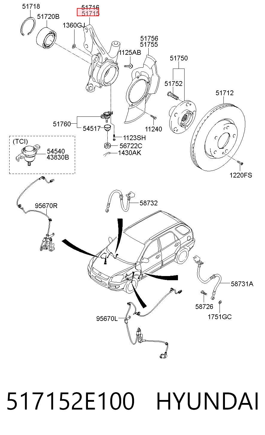 517152E100 Hyundai/Kia Цапфа - поворотный кулак передний, левый