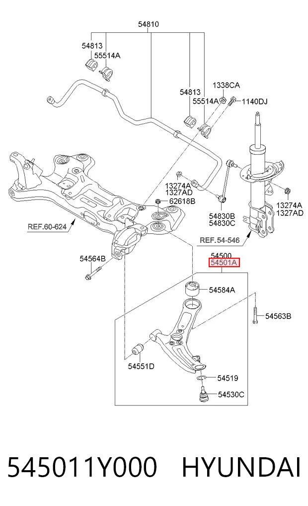 545011Y000 Hyundai/Kia Рычаг передней подвески нижний, правый