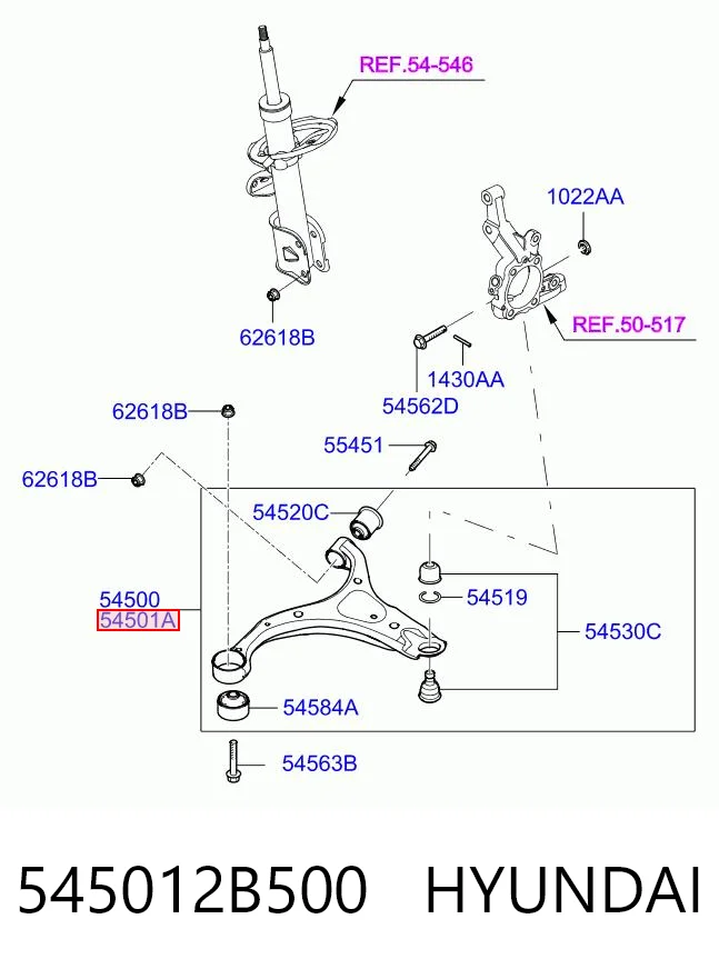 545012B500 Hyundai/Kia Рычаг передней подвески нижний, правый