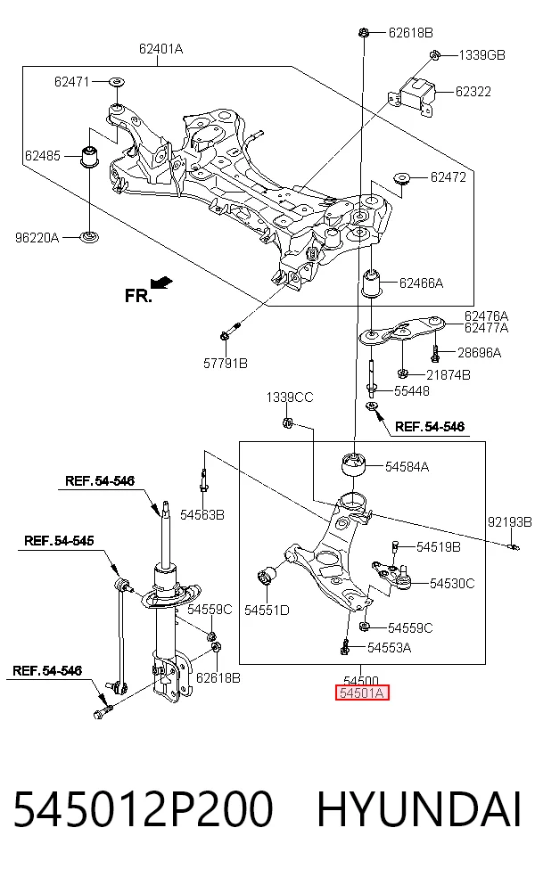 545012P200 Hyundai/Kia Рычаг передней подвески нижний, правый