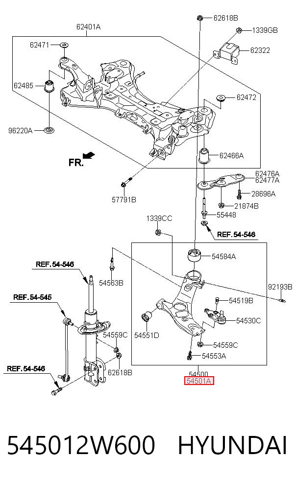 545012W600 Hyundai/Kia Рычаг передней подвески нижний, правый