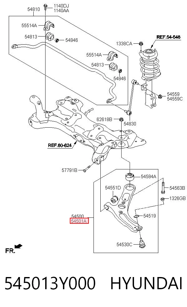 545013Y000 Hyundai/Kia Рычаг передней подвески нижний, правый