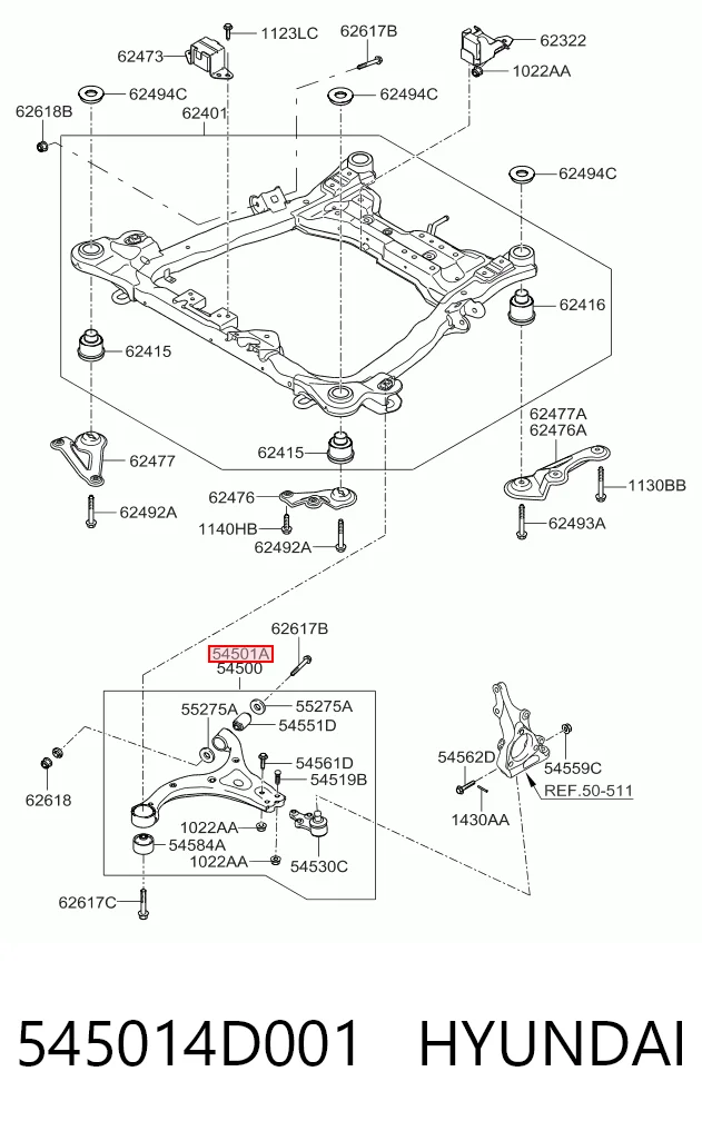 545014D001 Hyundai/Kia Рычаг передней подвески нижний, правый