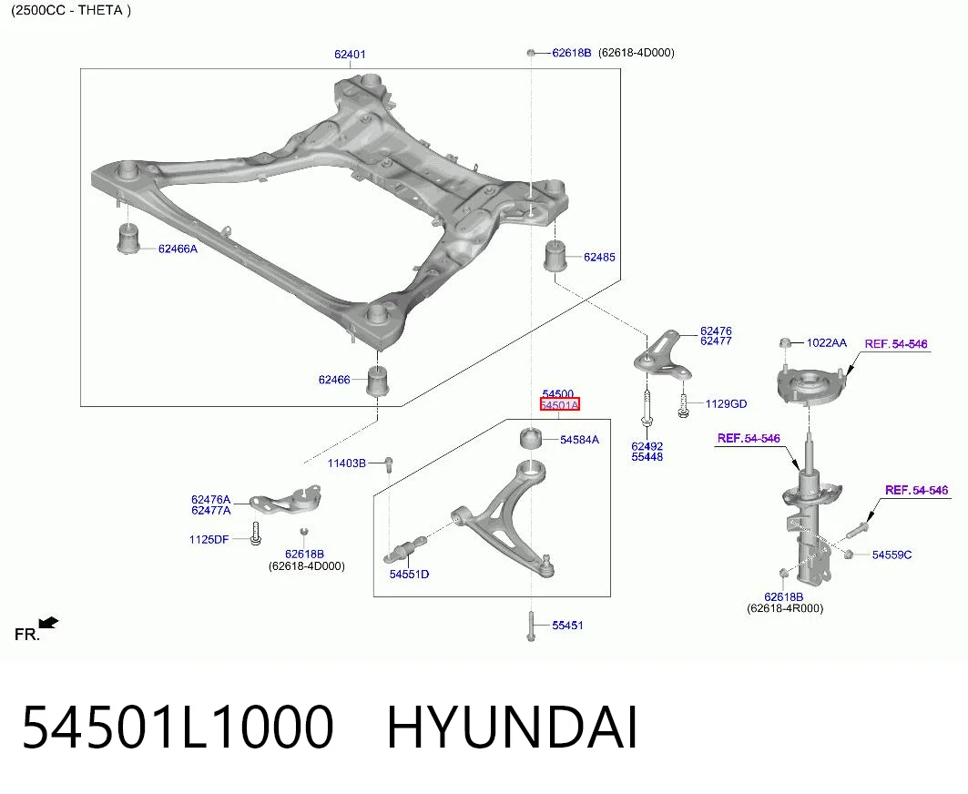 54501L1000 Hyundai/Kia Рычаг передней подвески нижний, правый