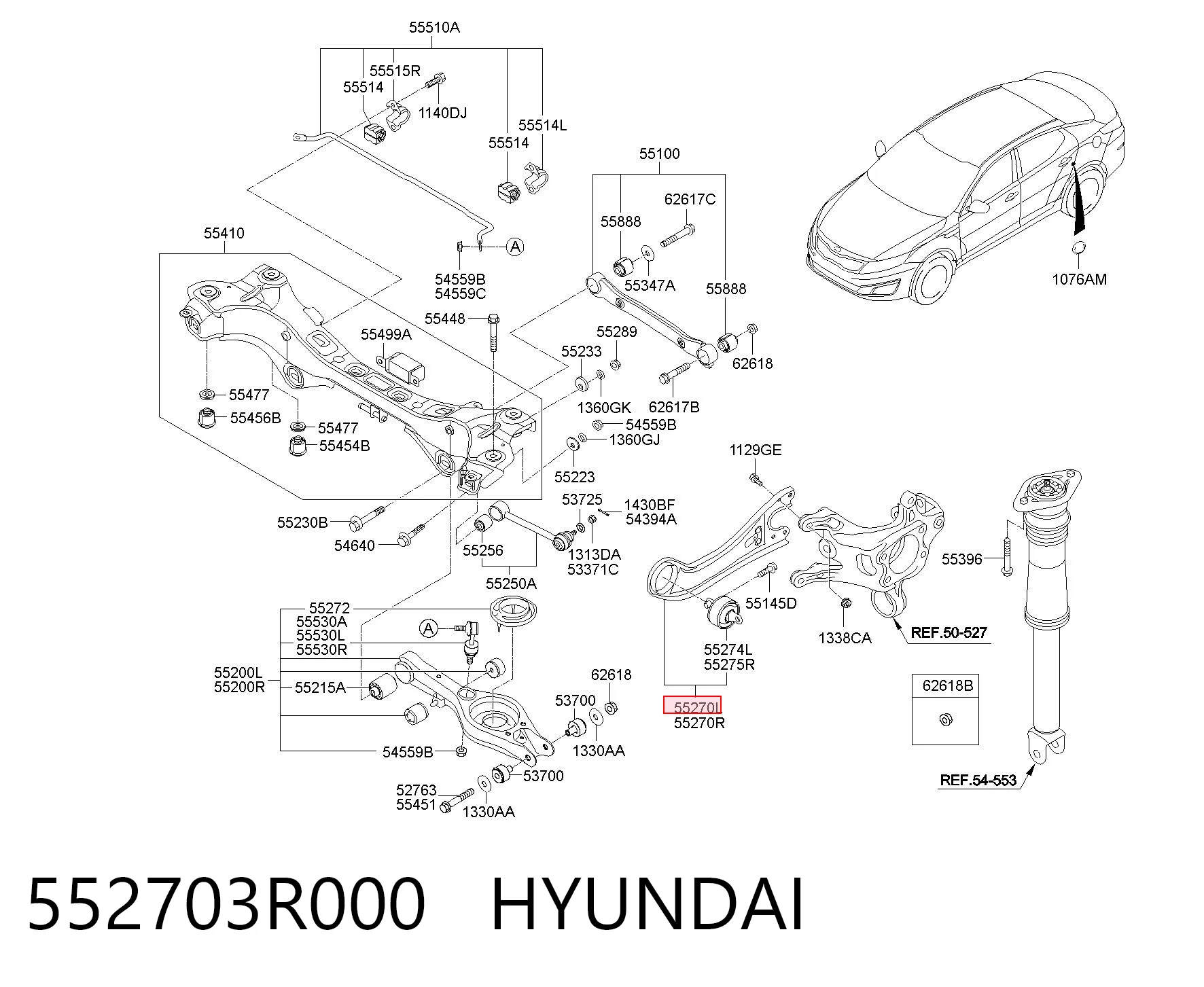 552703R000 Hyundai/Kia Рычаг (тяга) задней подвески продольный нижний левый