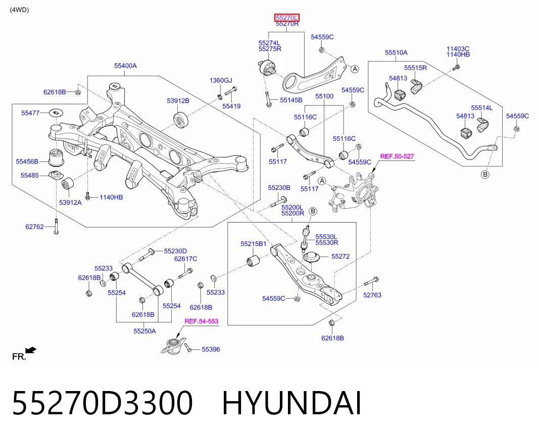 55270D3300 Hyundai/Kia Рычаг (тяга) задней подвески продольный нижний левый