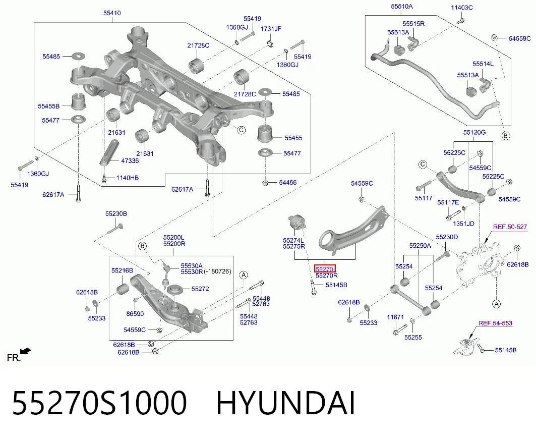 55270S1000 Hyundai/Kia Рычаг (тяга) задней подвески продольный нижний левый