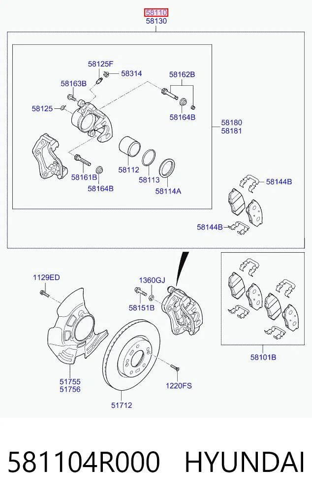 581104R000 Hyundai/Kia Суппорт тормозной, передний, левый