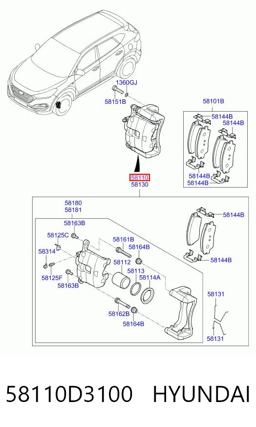 58110D3100 Hyundai/Kia Суппорт тормозной, передний, левый