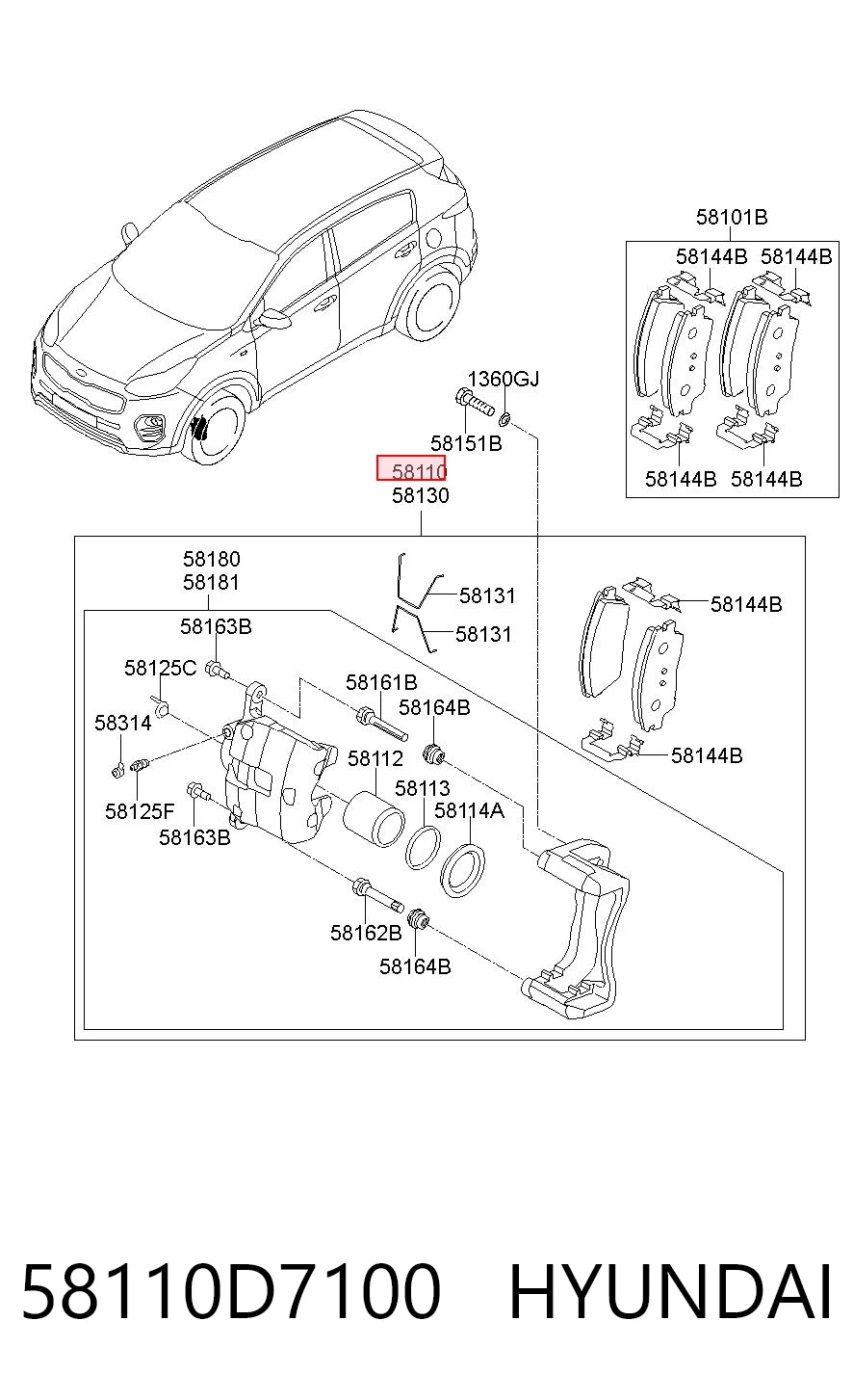 58110D7100 Hyundai/Kia Суппорт тормозной, передний, левый