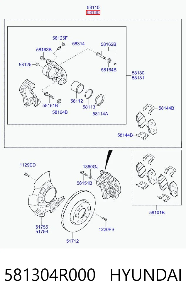 581304R000 Hyundai/Kia Суппорт тормозной, передний, правый