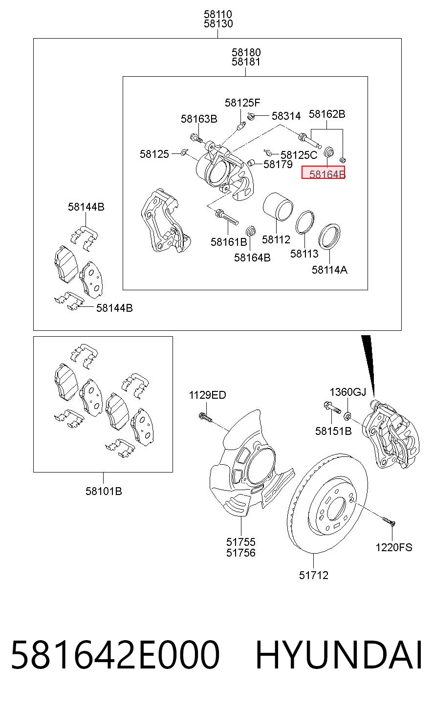 581642E000 Hyundai/Kia Ремкомплект суппорта тормозного, переднего