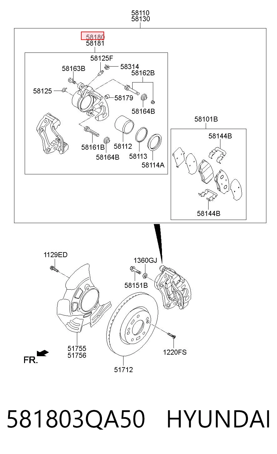 581803QA50 Hyundai/Kia Суппорт тормозной, передний, левый