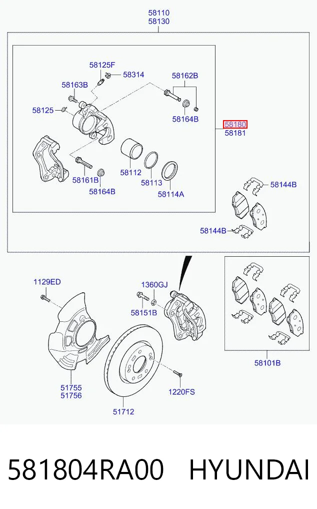 581804RA00 Hyundai/Kia Суппорт тормозной, передний, левый