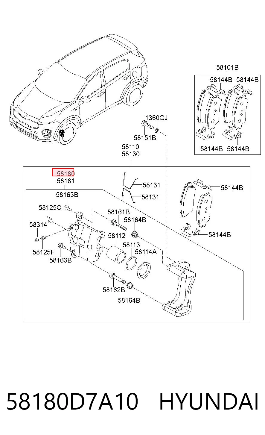58180D7A10 Hyundai/Kia Суппорт тормозной, передний, левый