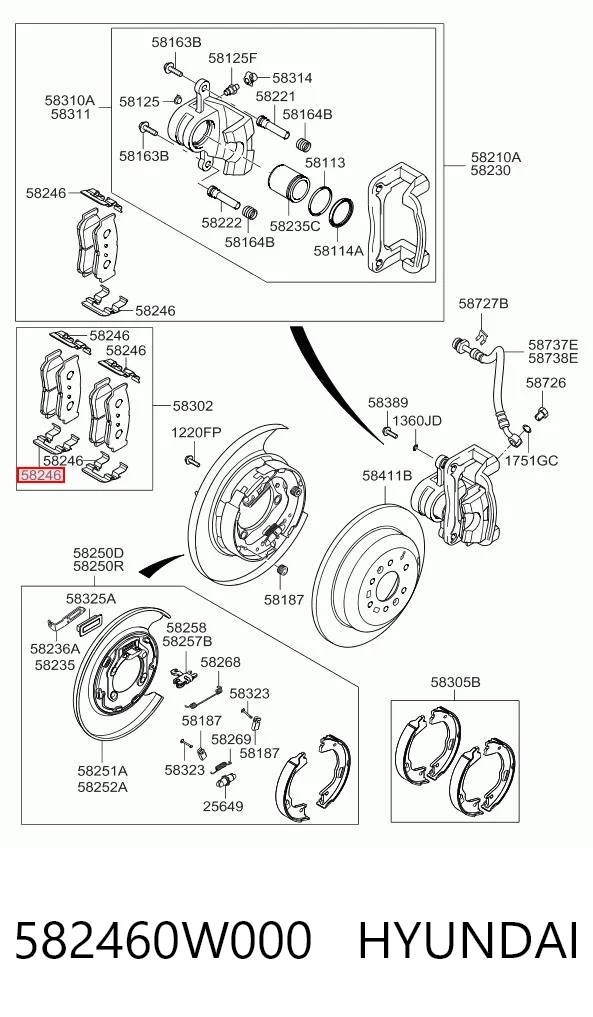 582460W000 Hyundai/Kia Комплект пружинок крепления дисковых колодок, задних