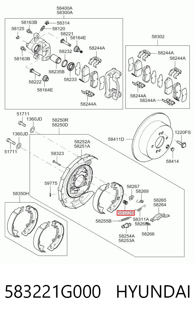 583221G000 Hyundai/Kia Комплект монтажный задних барабанных колодок