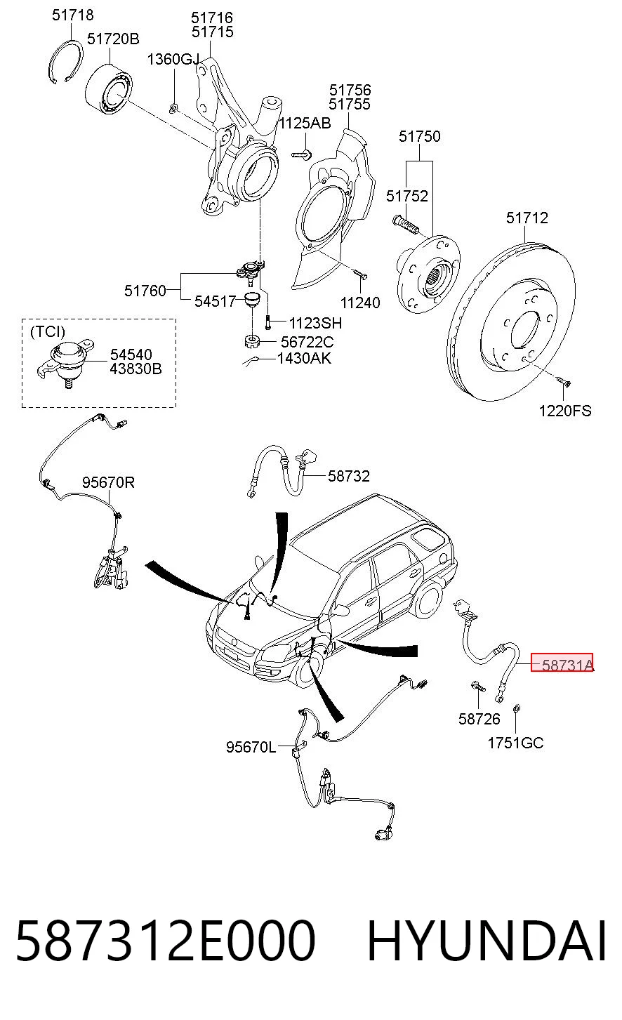 587312E000 Hyundai/Kia Шланг тормозной левый передний