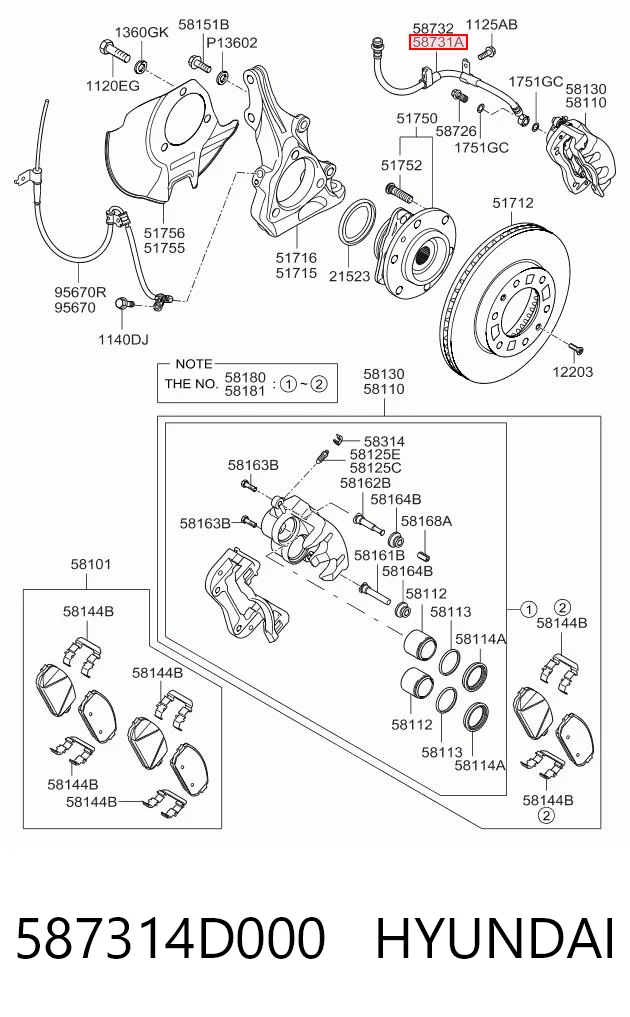 587314D000 Hyundai/Kia Шланг тормозной левый передний