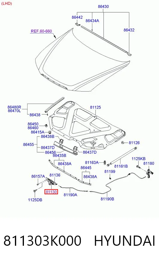 811303K000 Hyundai/Kia Запор капота (замок и привод замка капота)