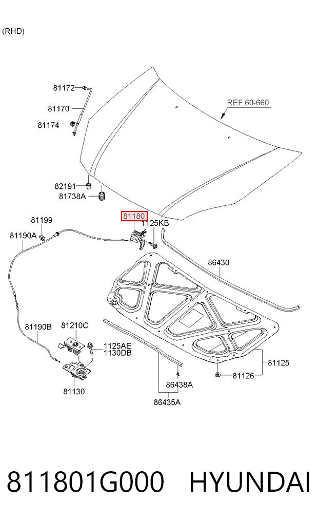 811801G000 Hyundai/Kia Рычаг открывания капота