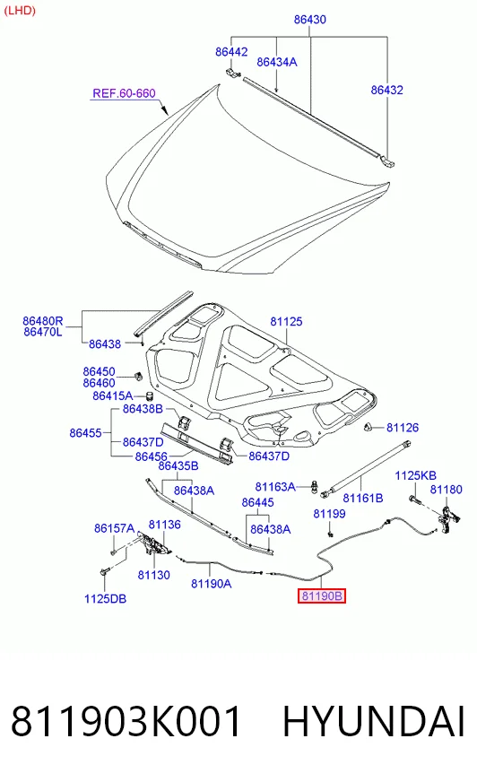 811903K001 Hyundai/Kia Трос открытия капота