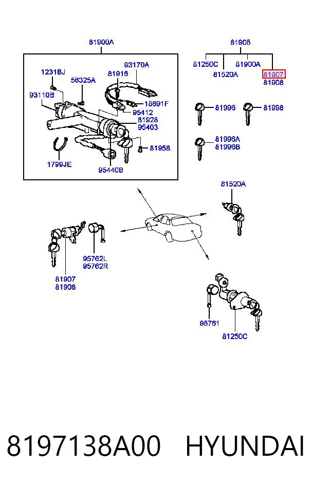 8197138A00 Hyundai/Kia Личинка замка двери передней, левой