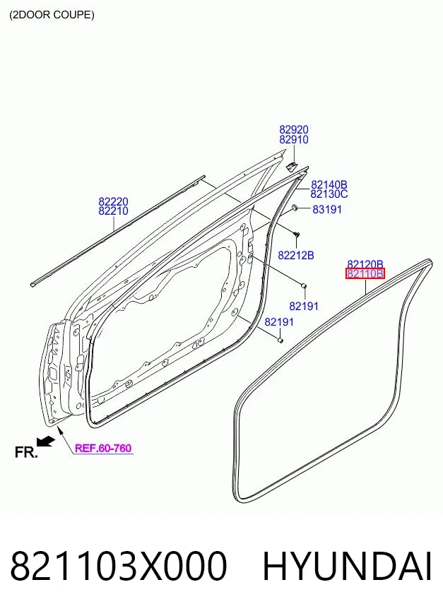821103X000 Hyundai/Kia Прокладка двери передней, левой (на кузове)
