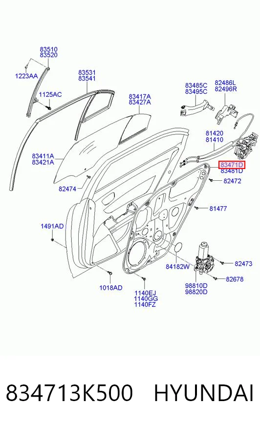 834713K500 Hyundai/Kia Механизм стеклоподъемника двери задней, левой