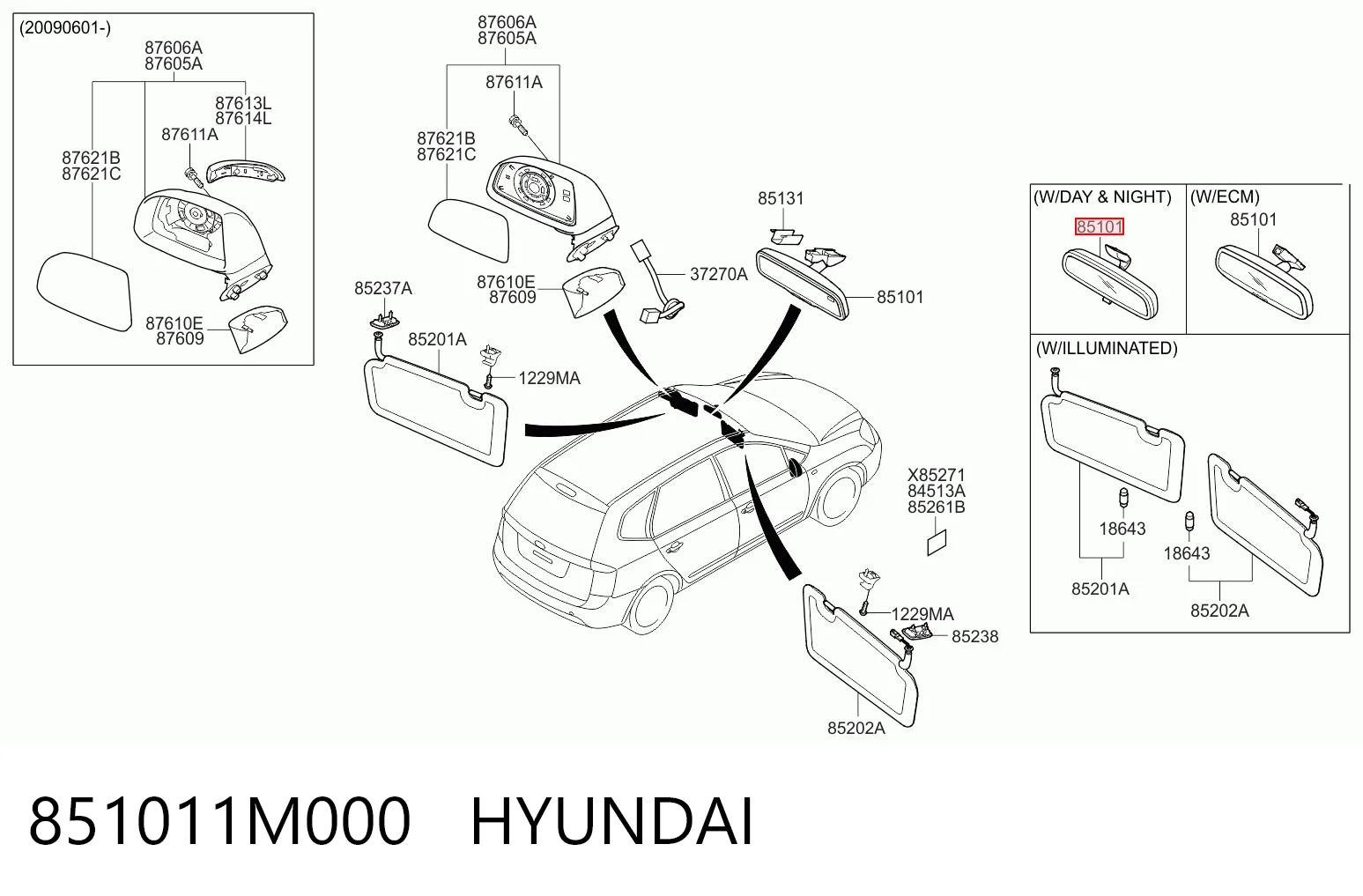 851011M000 Hyundai/Kia Зеркало заднего вида в салоне