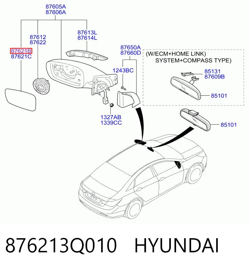 876213Q010 Hyundai/Kia Зеркальный элемент правого зеркала заднего вида