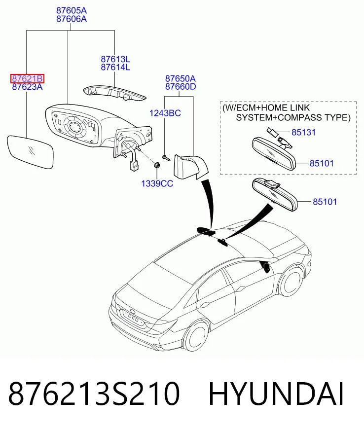 876213S210 Hyundai/Kia Зеркальный элемент правого зеркала заднего вида