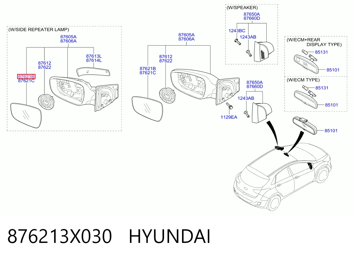 876213X030 Hyundai/Kia Зеркальный элемент правого зеркала заднего вида