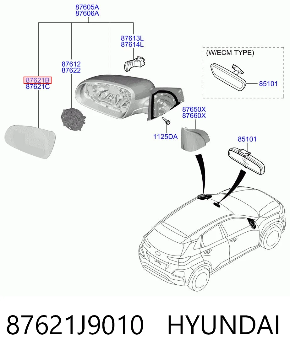 87621J9010 Hyundai/Kia Зеркальный элемент правого зеркала заднего вида