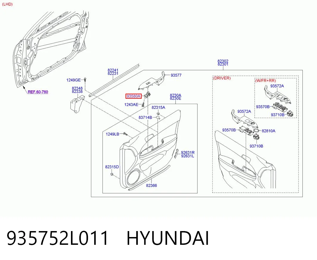 935752L011 Hyundai/Kia Кнопка подъемника переднего правого стекла