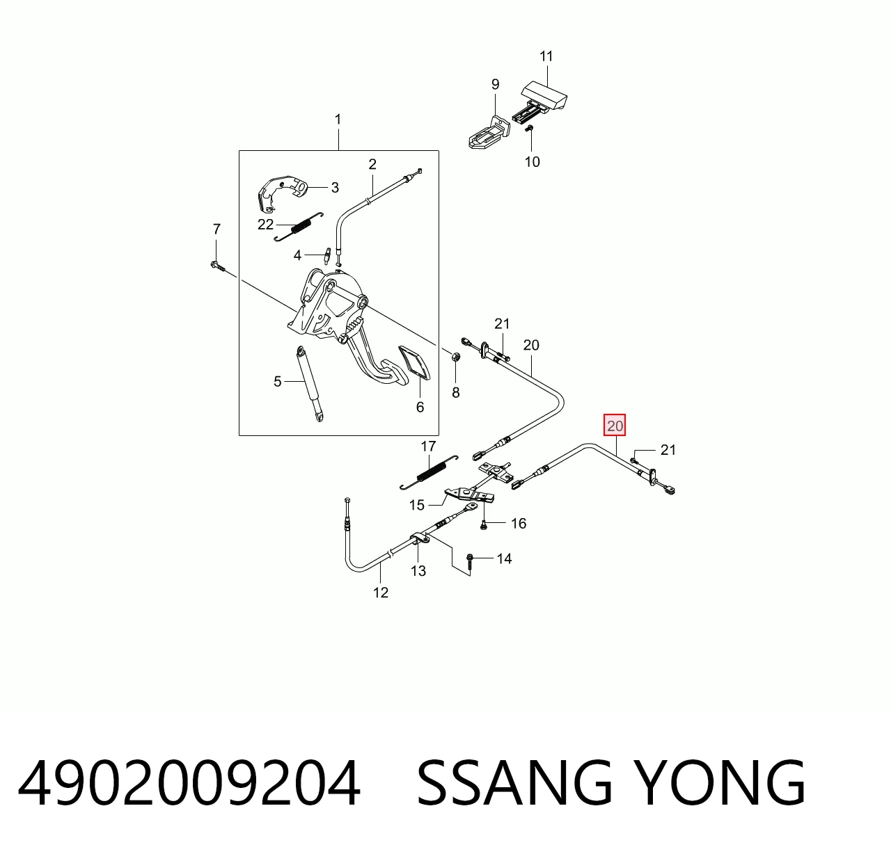 4902009204 Ssang Yong Трос ручного тормоза задний, правый