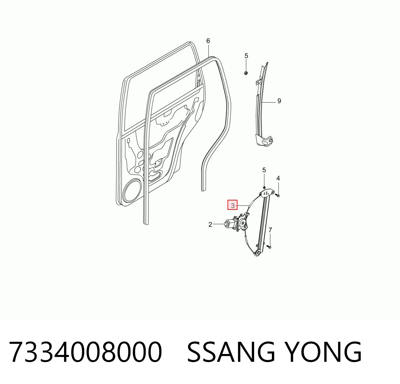7334008000 Ssang Yong  Механизм стеклоподъемника правой задней двери
