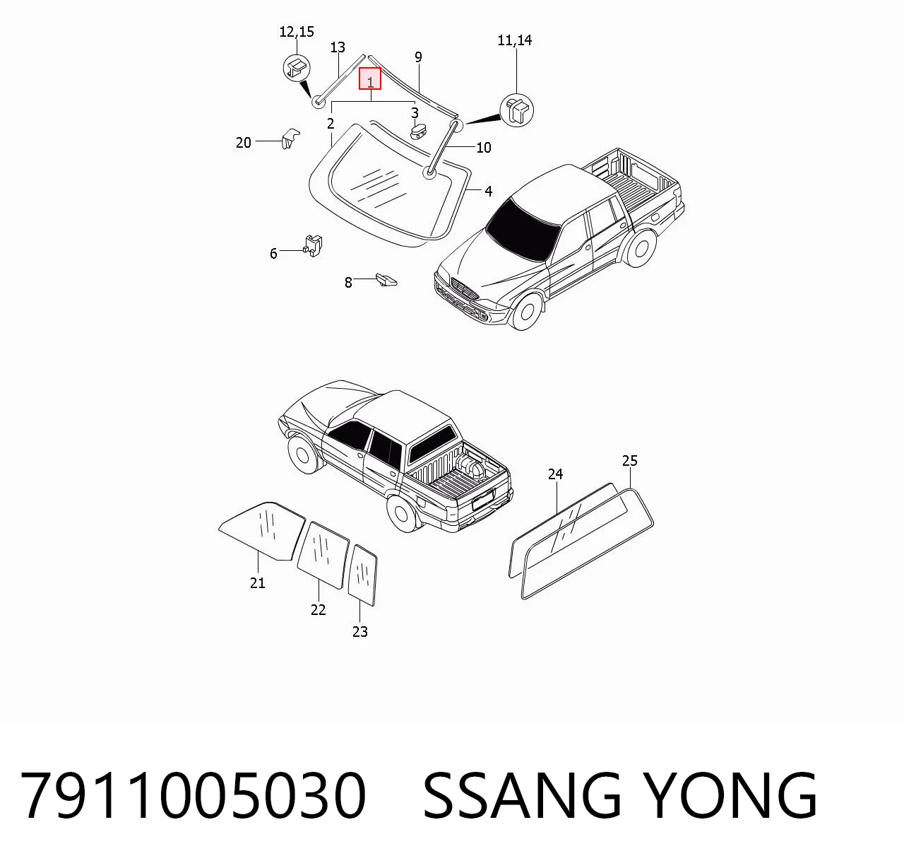Стекло лобовое  SSANG YONG 7911005030