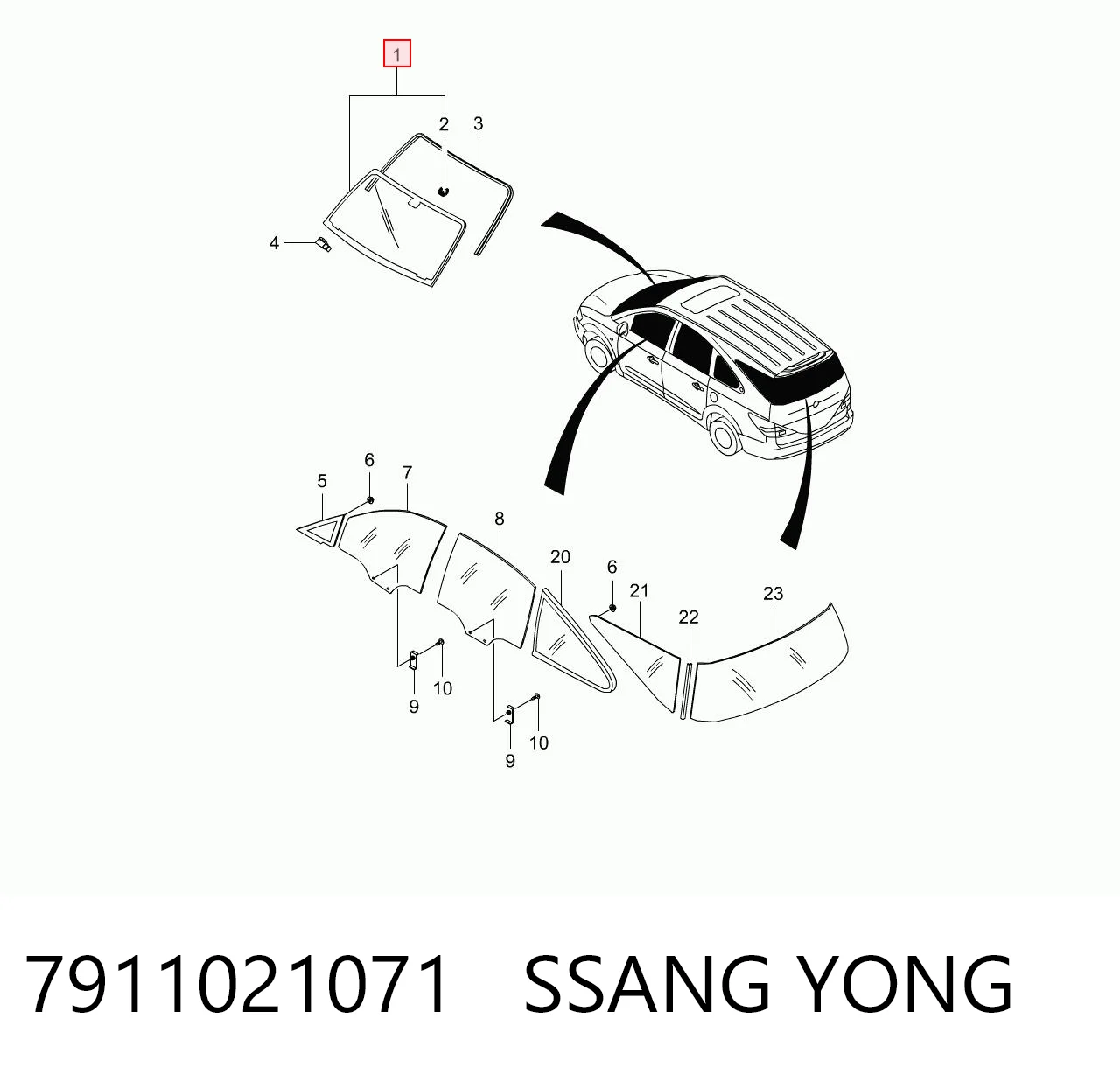 Стекло лобовое  SSANG YONG 7911021071