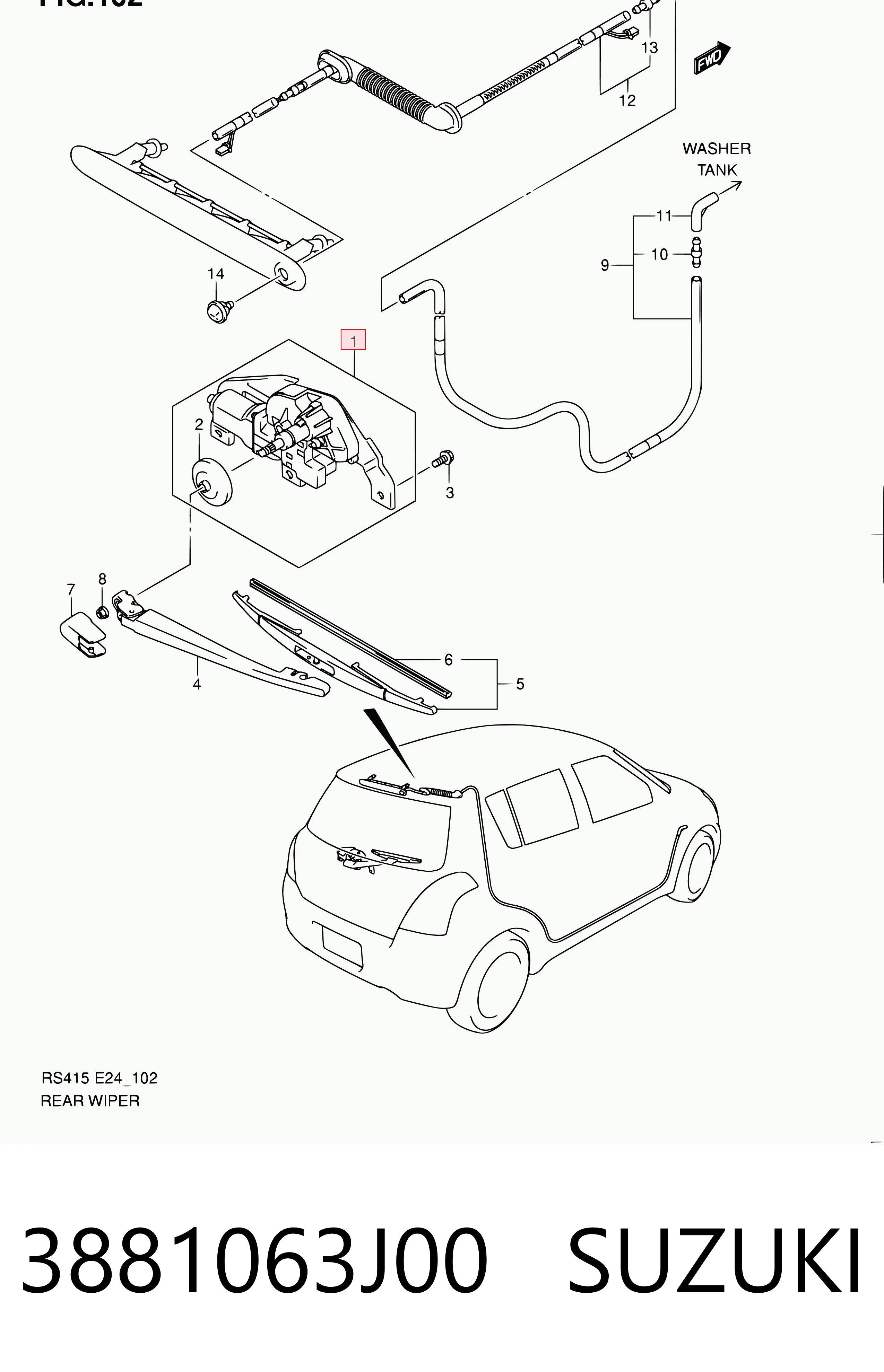 3881063J00 Suzuki Мотор заднего стеклоочистителя