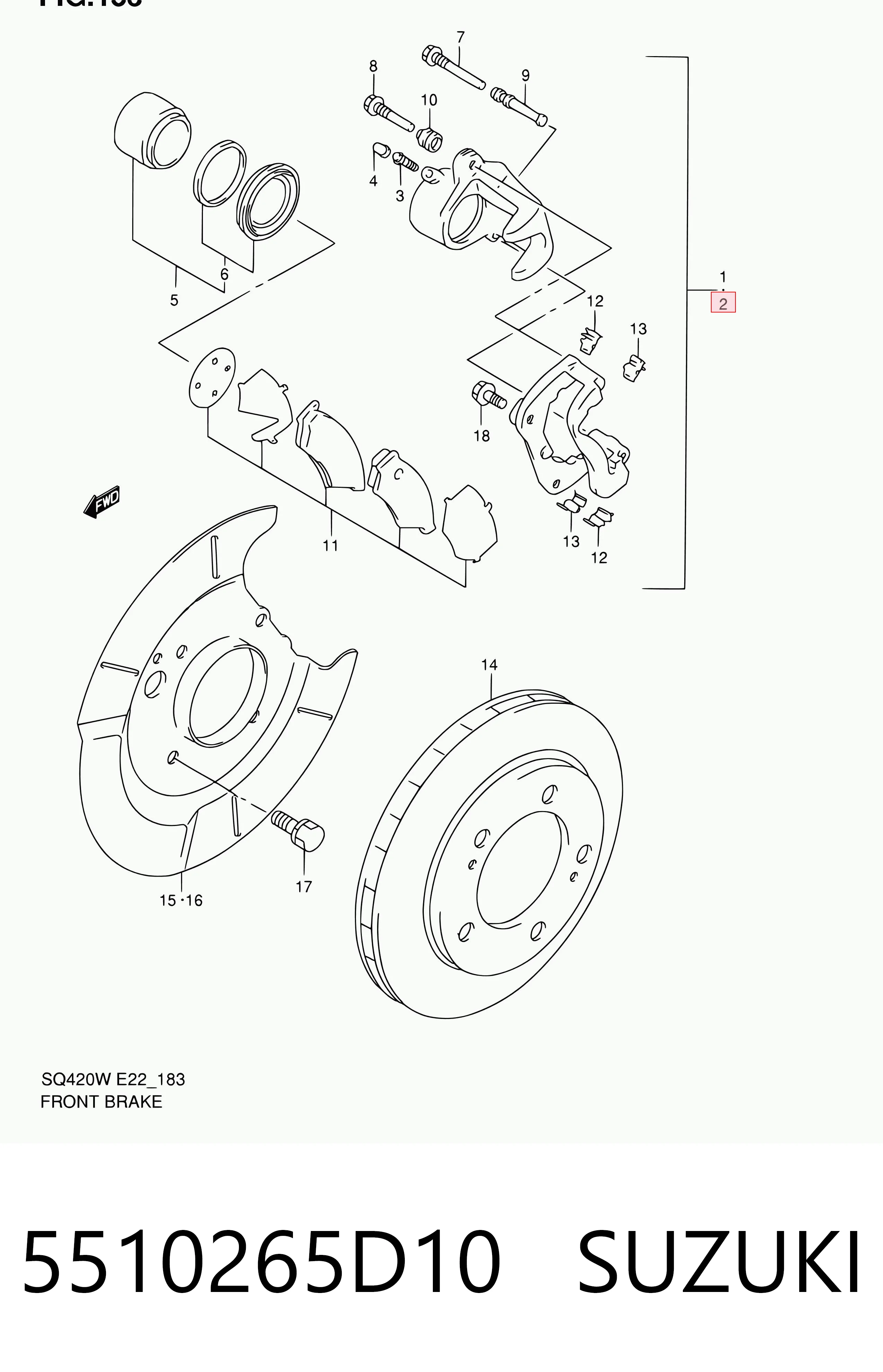 5510265D10 Suzuki Суппорт тормозной, передний, левый