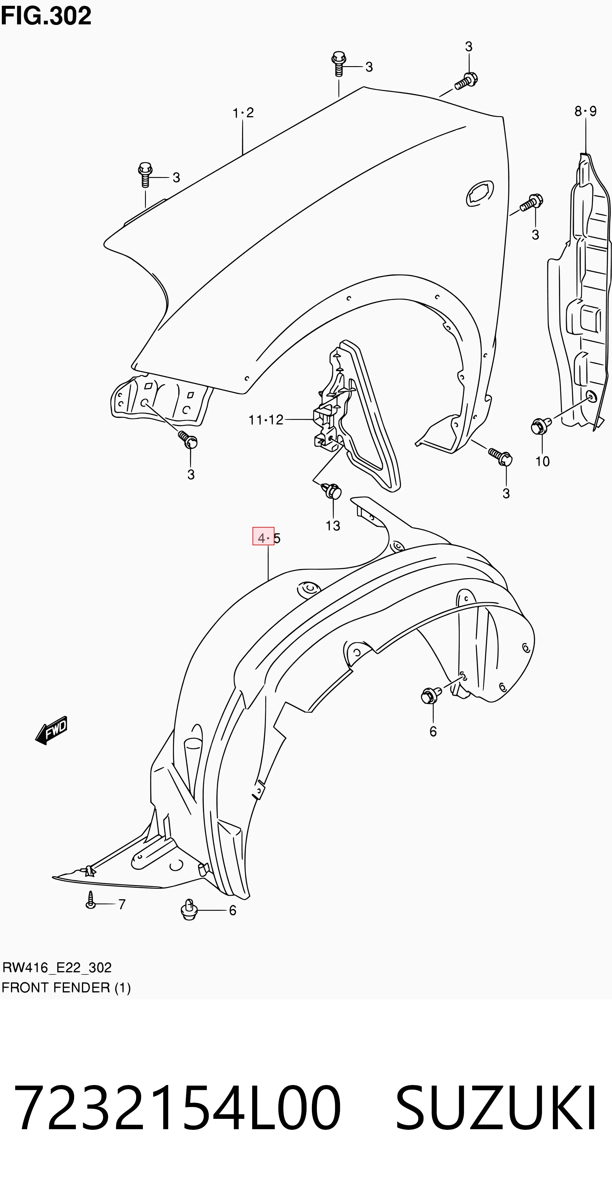 7232154L00 Suzuki Подкрыльник переднего крыла, правый